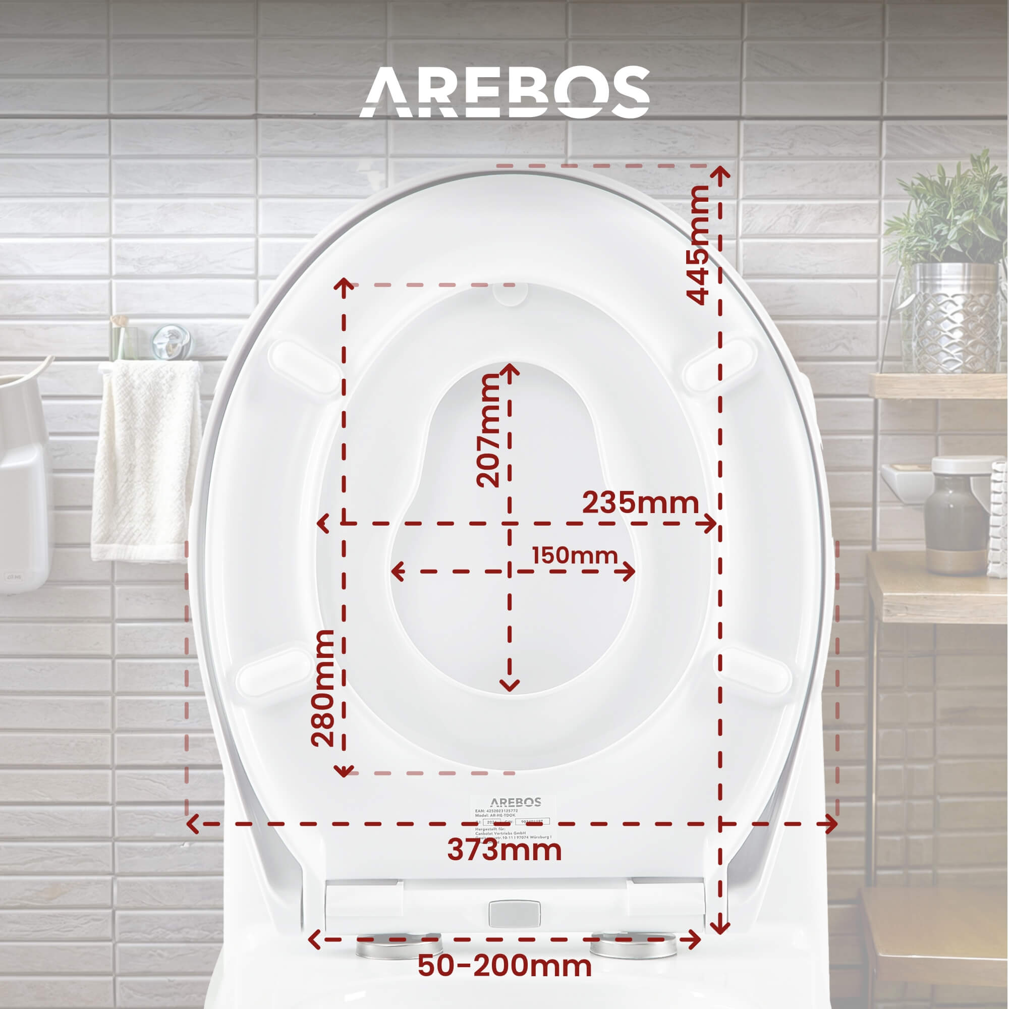 Weiße Toilette mit Maßen und dem AREBOS-Logo. Inkl. Wand und Regal.