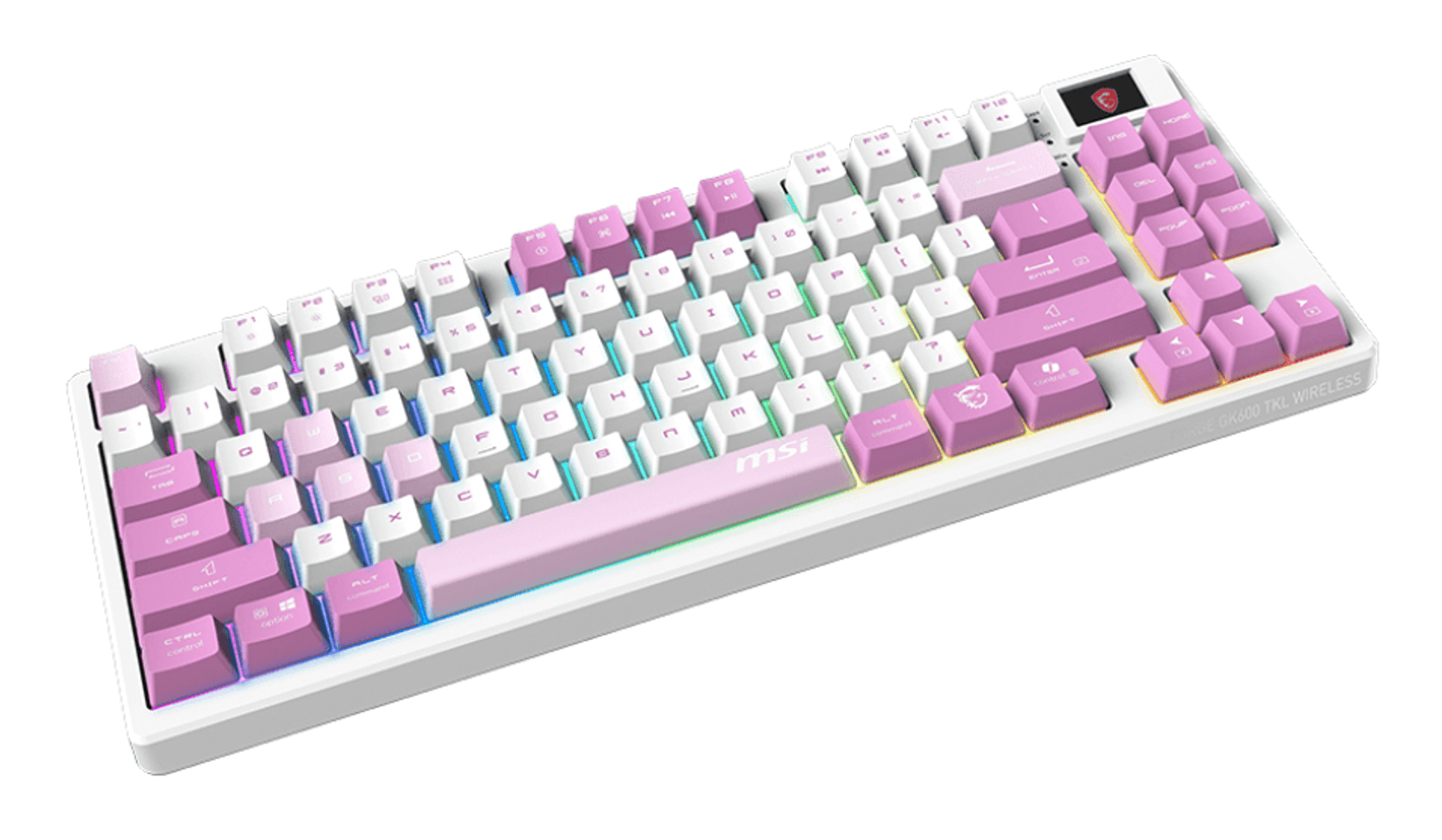 Un teclado blanco con teclas rosas y blancas, iluminado con luces RGB.