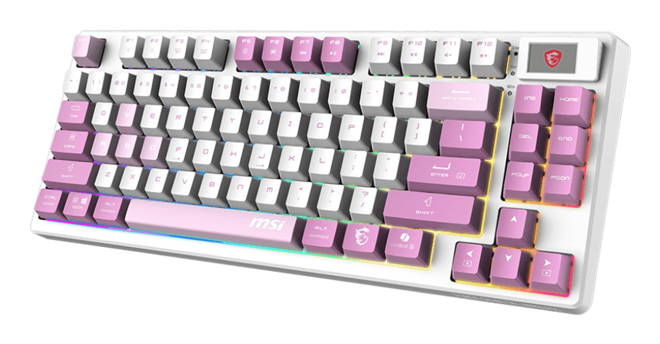 Un teclado blanco con teclas rosas y retroiluminación RGB.