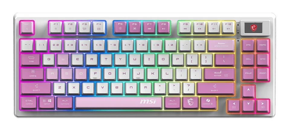 Un teclado blanco con iluminación RGB. Las teclas están brillantemente iluminadas.