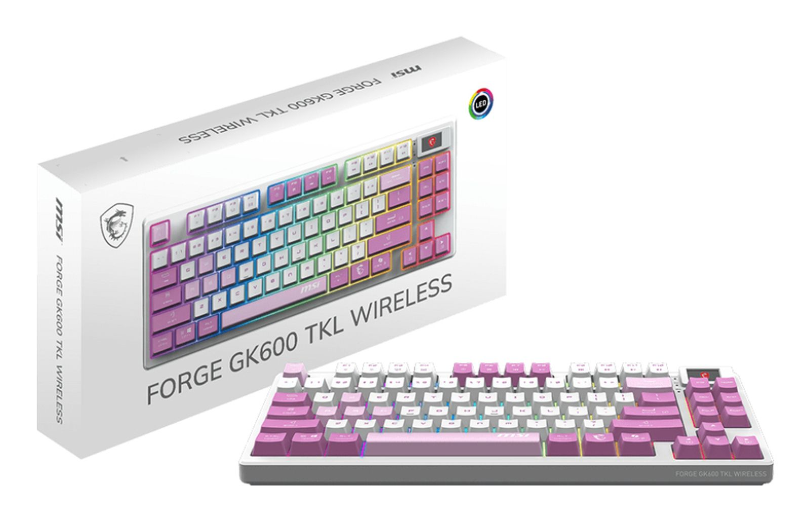 Teclado inalámbrico MSI Forge GK600 TKL y su caja, con teclas rosas y blancas.