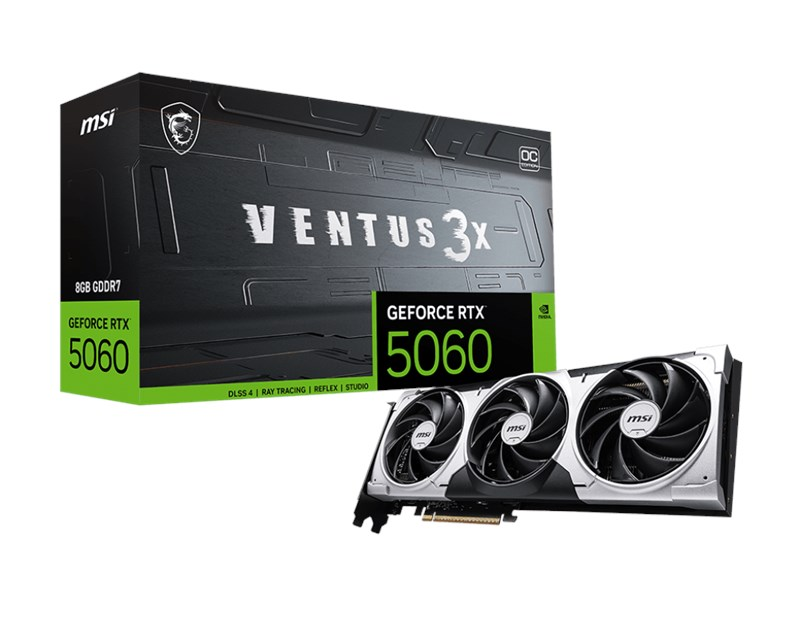 Üç fanlı MSI Ventus 3x 5060 ekran kartı ve kutusu.