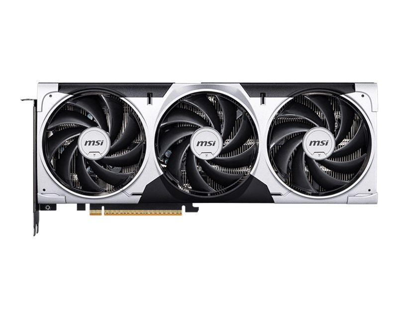 MSI logolu, üç siyah fanlı gümüş renkli ekran kartı.