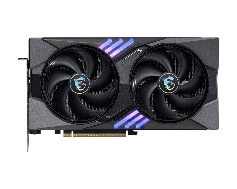 Beyaz arka plan üzerinde iki fanlı ve RGB aydınlatmalı ekran kartı.