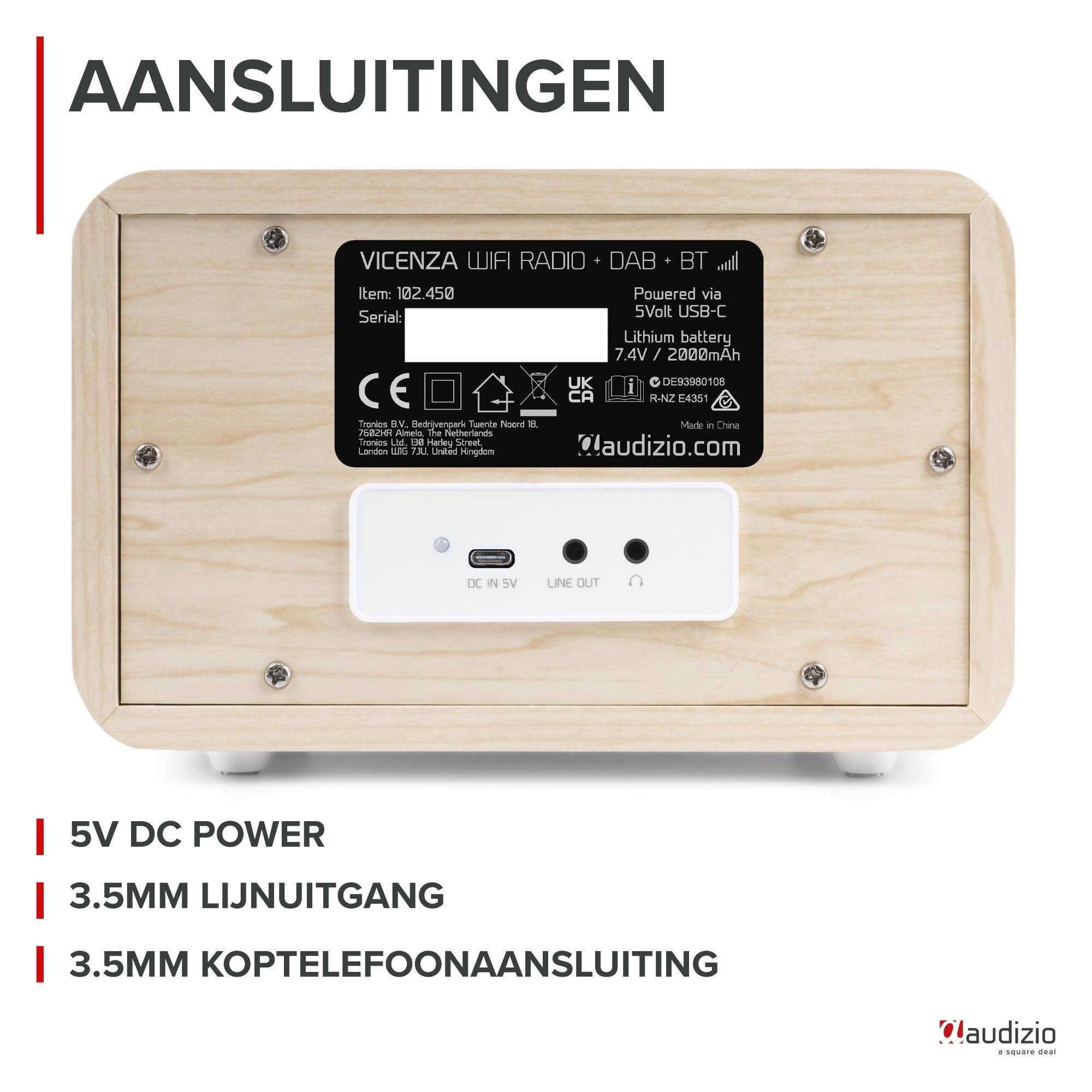 Parte trasera de una radio de madera mostrando puertos: USB-C, Line Out, Auriculares.