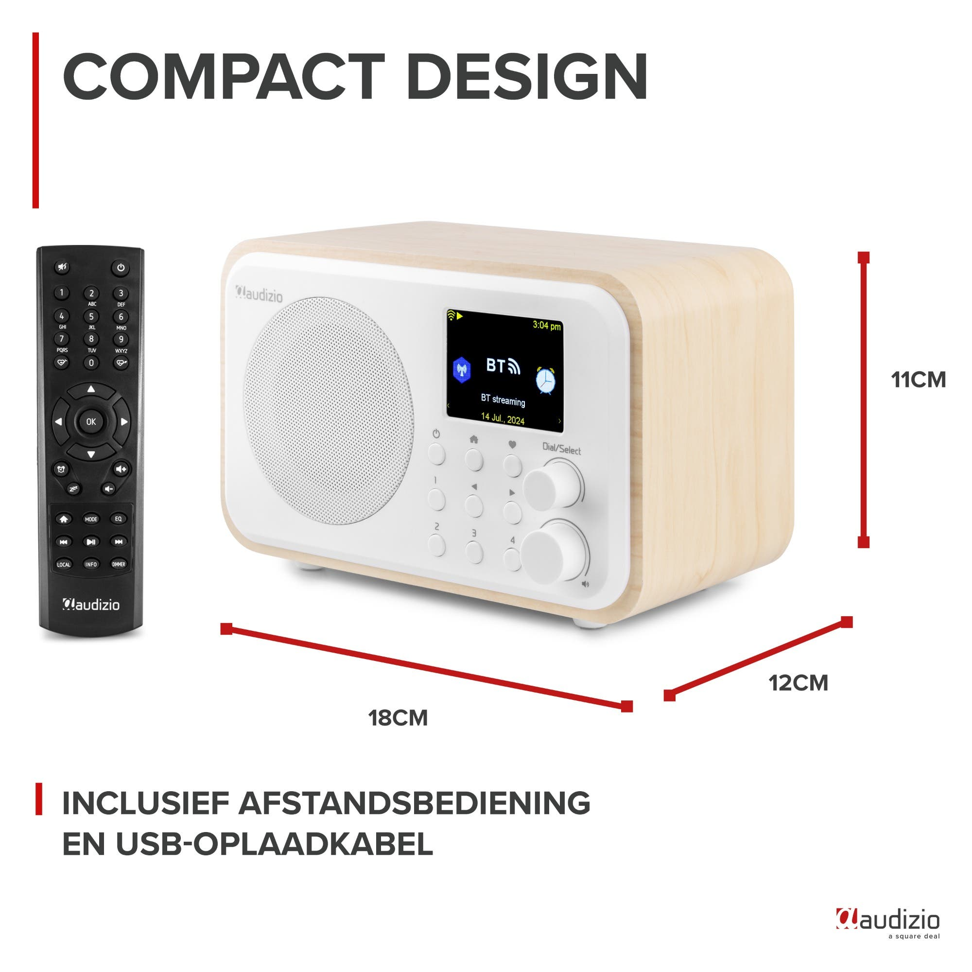 Radio compacto con mando a distancia, mide 18x11x12cm.