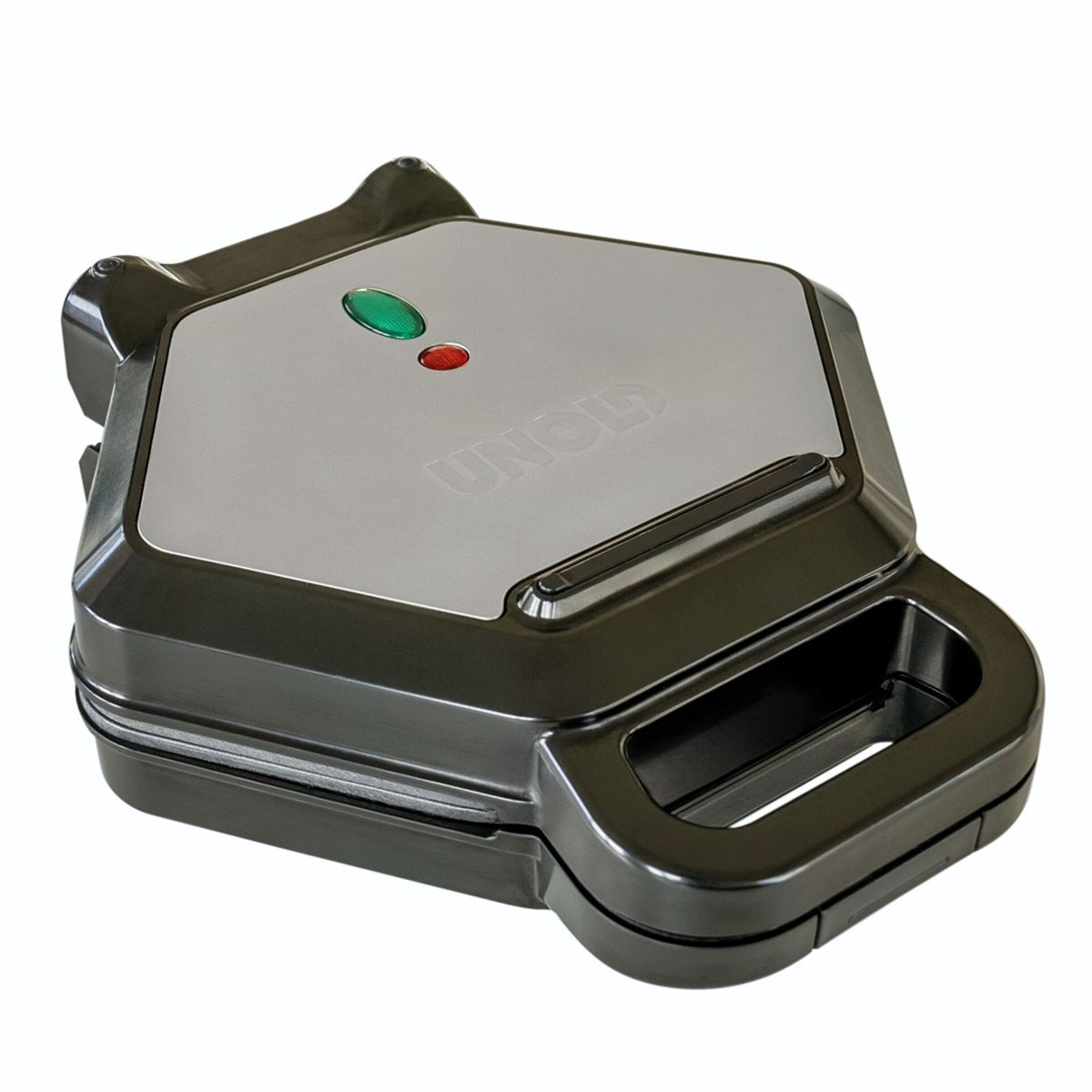Ein geschlossener Sandwichmaker in Schwarz und Silber mit grünen und roten Kontrollleuchten.