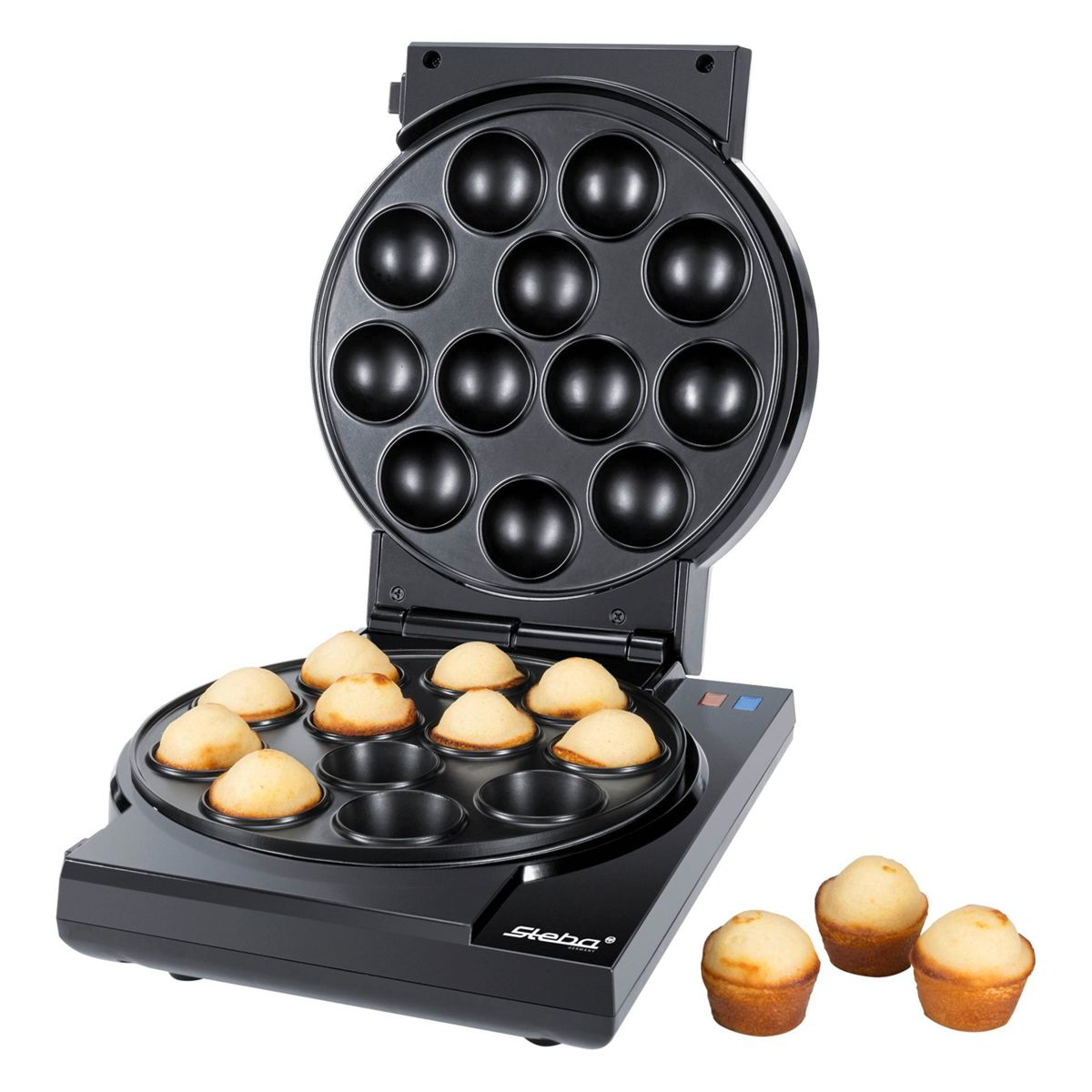 Eine offene Kugel-Waffelmaschine mit gebackenen Kugeln und Teig.