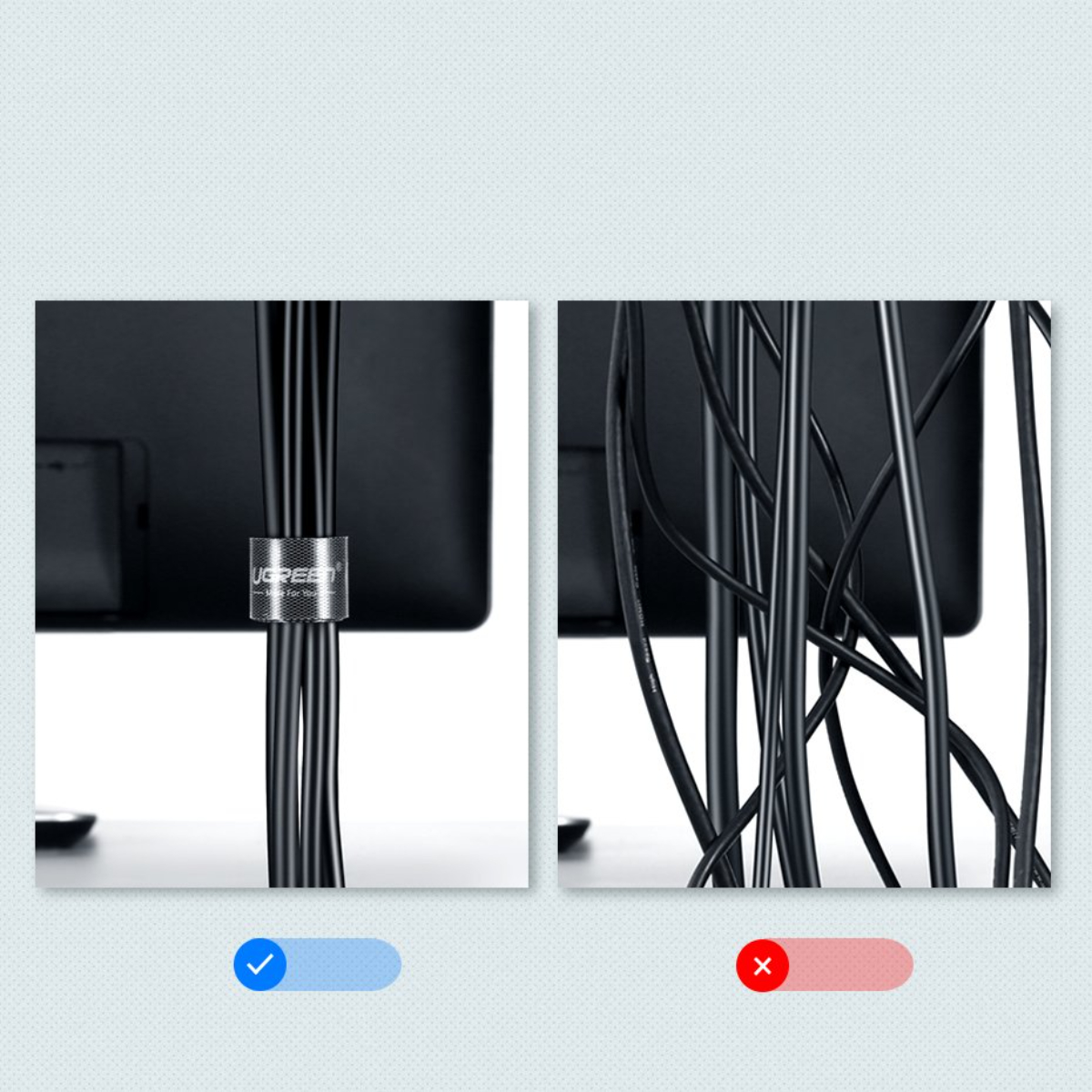 Ordentlich gebündelte Kabel neben einem unordentlichen Kabelgewirr, die eine Lösung zeigen.