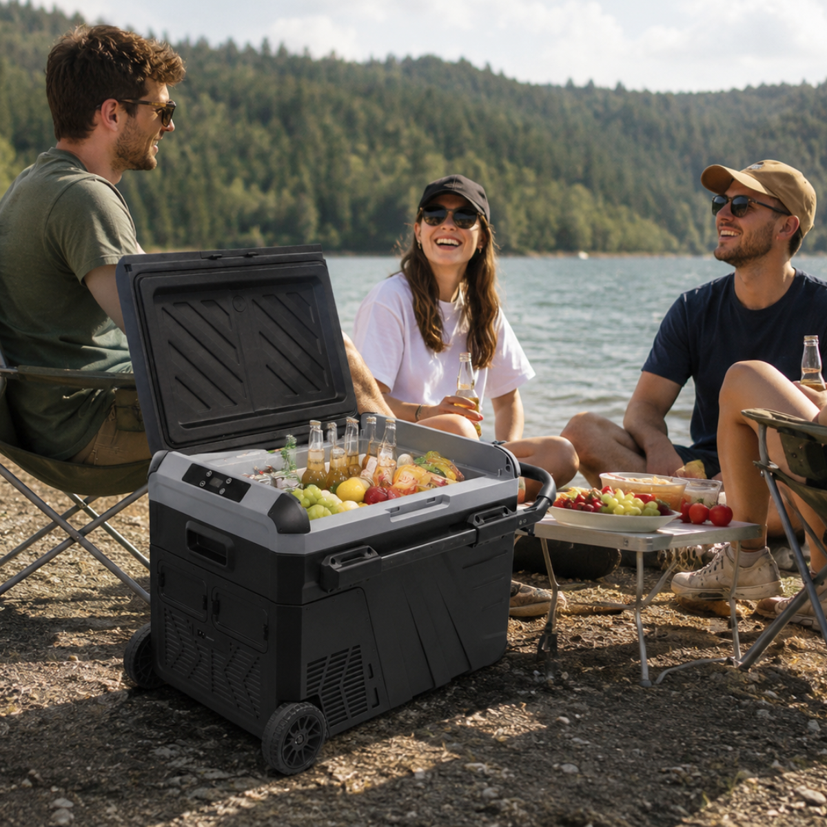 Tres amigos hacen un picnic junto a un lago con una nevera abierta llena de bebidas y fruta.