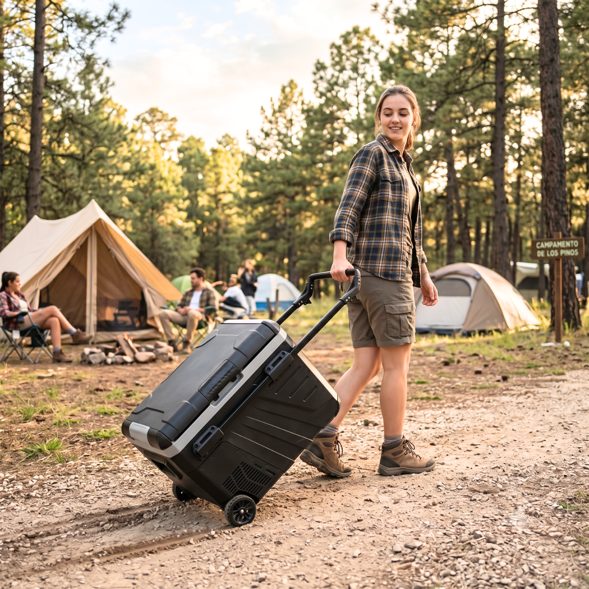 Una mujer arrastra una hielera con ruedas por un camino de tierra en un camping.