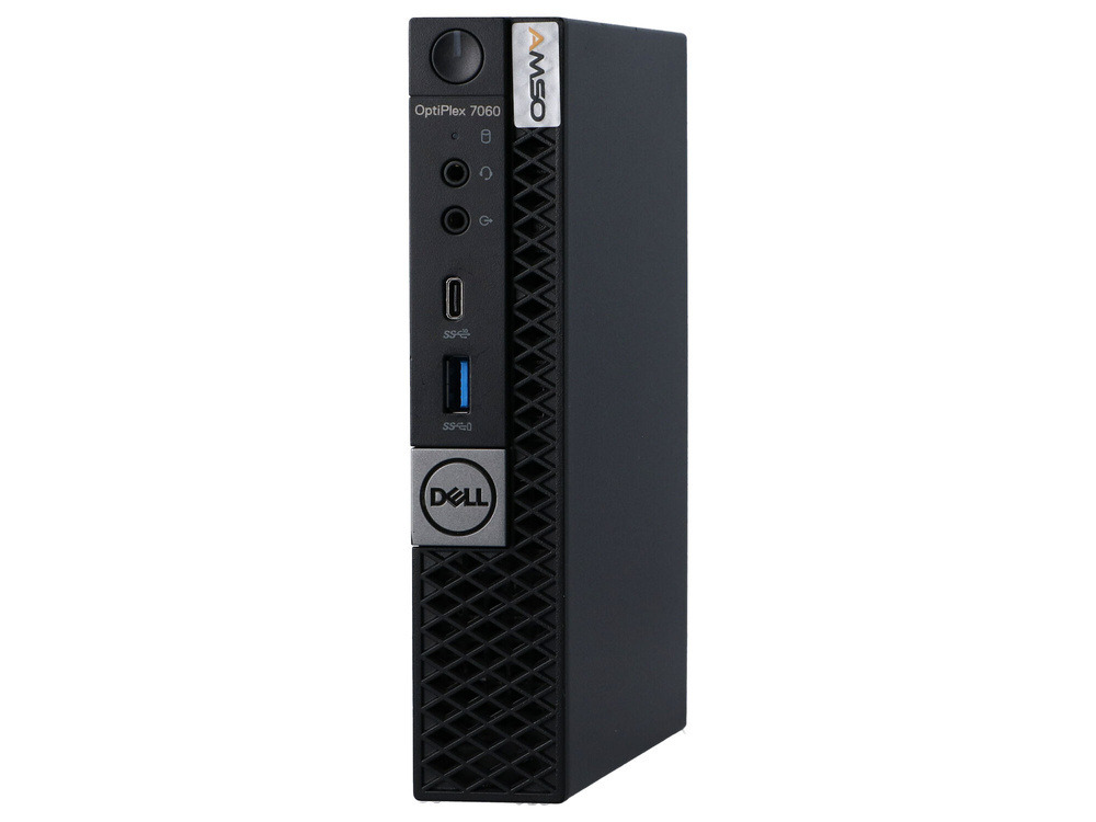 Czarny mini PC Dell OptiPlex 7060 z portami z przodu. Białe tło.