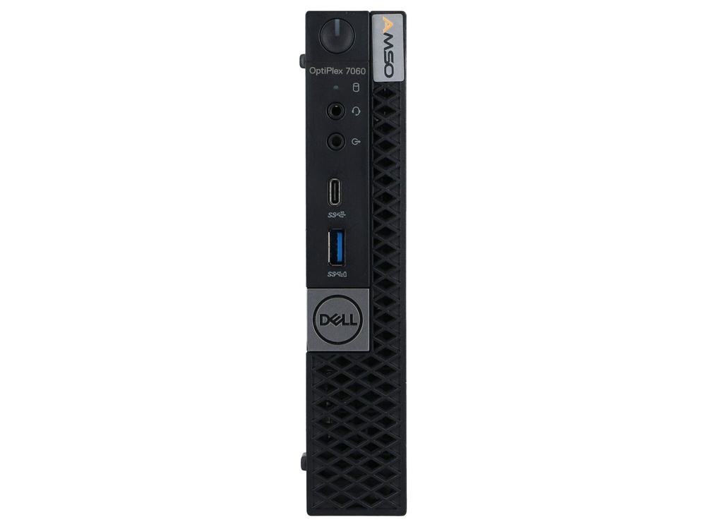 Czarny mini PC Dell OptiPlex 7060 z przednimi portami USB i audio.