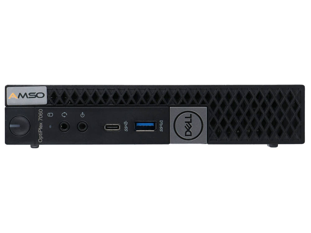 Przedni panel mini PC Dell OptiPlex 7060 z portami, przyciskiem zasilania i logo.