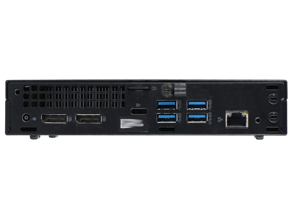 Tylny panel mini PC z portami USB, HDMI, DisplayPort i Ethernet.