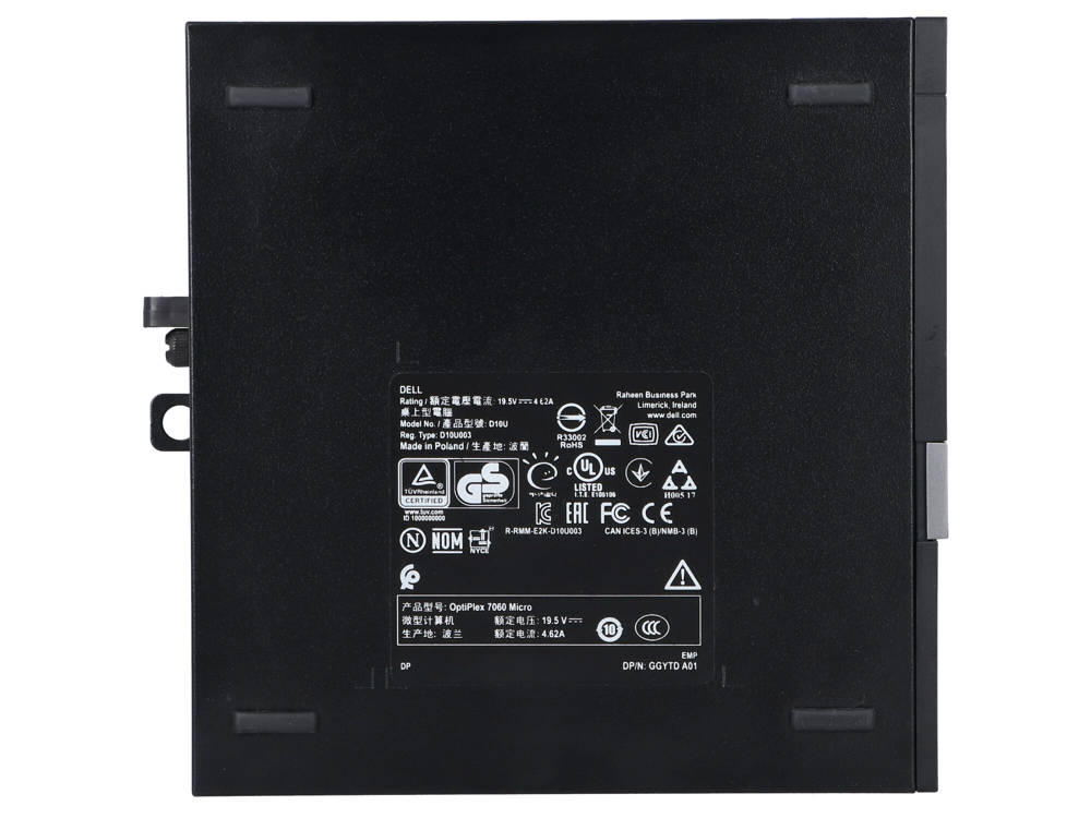 Czarna obudowa Dell OptiPlex 7060 Micro z etykietami i portami.