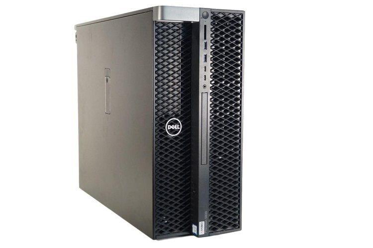 Czarna obudowa komputera typu tower Dell Precision 5820 z srebrną górną krawędzią i kratkowanym frontem.