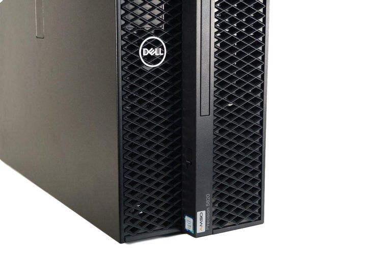 Czarny komputer stacjonarny Dell Precision 5820 ze srebrnym logo Dell z przodu.