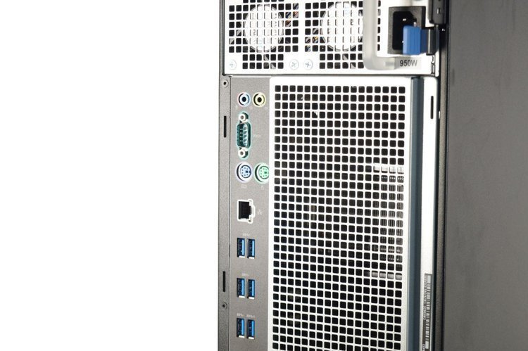 Tył obudowy komputera z portami: USB, Ethernet, audio, szeregowy i wejście zasilania.
