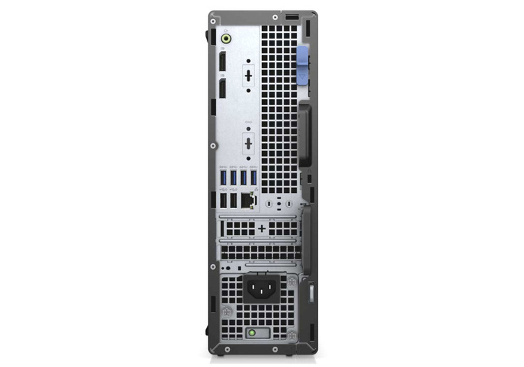 Widok z tyłu czarnej obudowy komputera pokazujący porty USB, HDMI i zasilania.