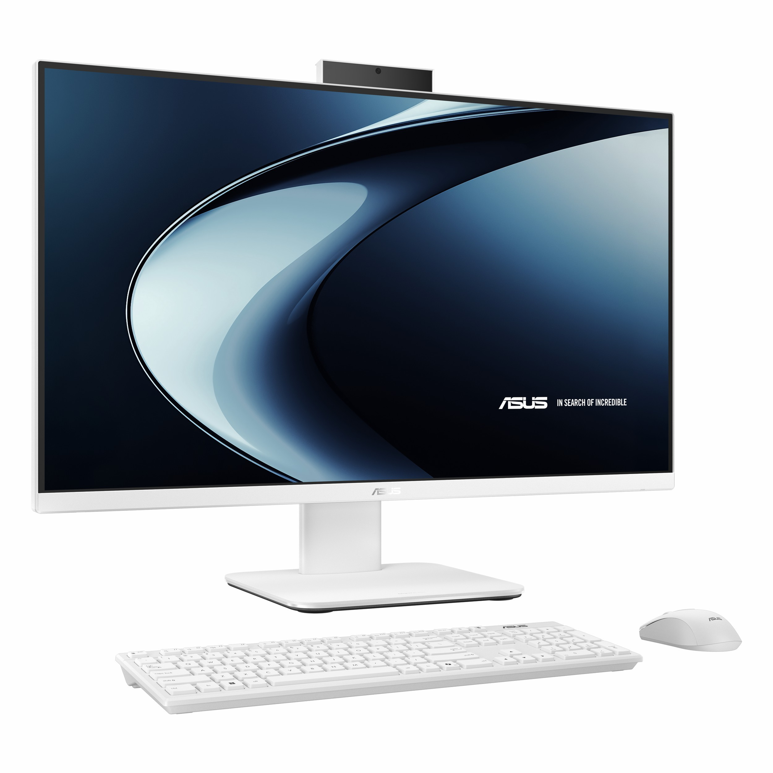 Klavye ve fareli beyaz bir ASUS hepsi bir arada bilgisayar.