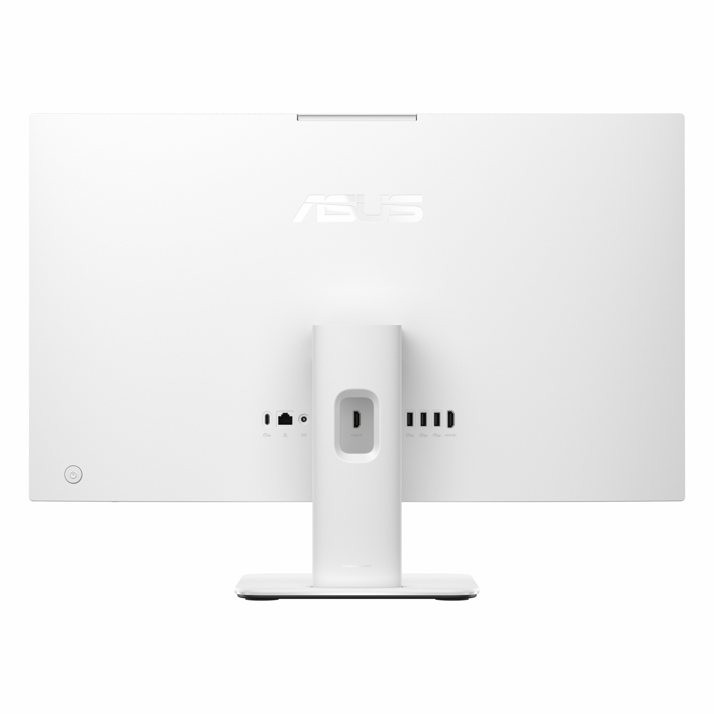 Portlar ve ASUS logosu bulunan beyaz bir hepsi-bir-arada bilgisayarın arka görünümü.