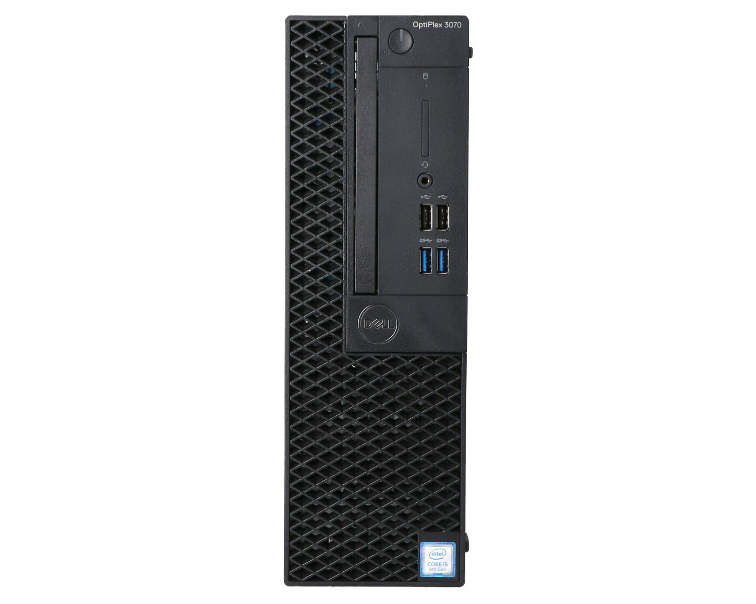 Czarny komputer stacjonarny Dell OptiPlex 3070 z portami przednimi i logo Intel Core i5.