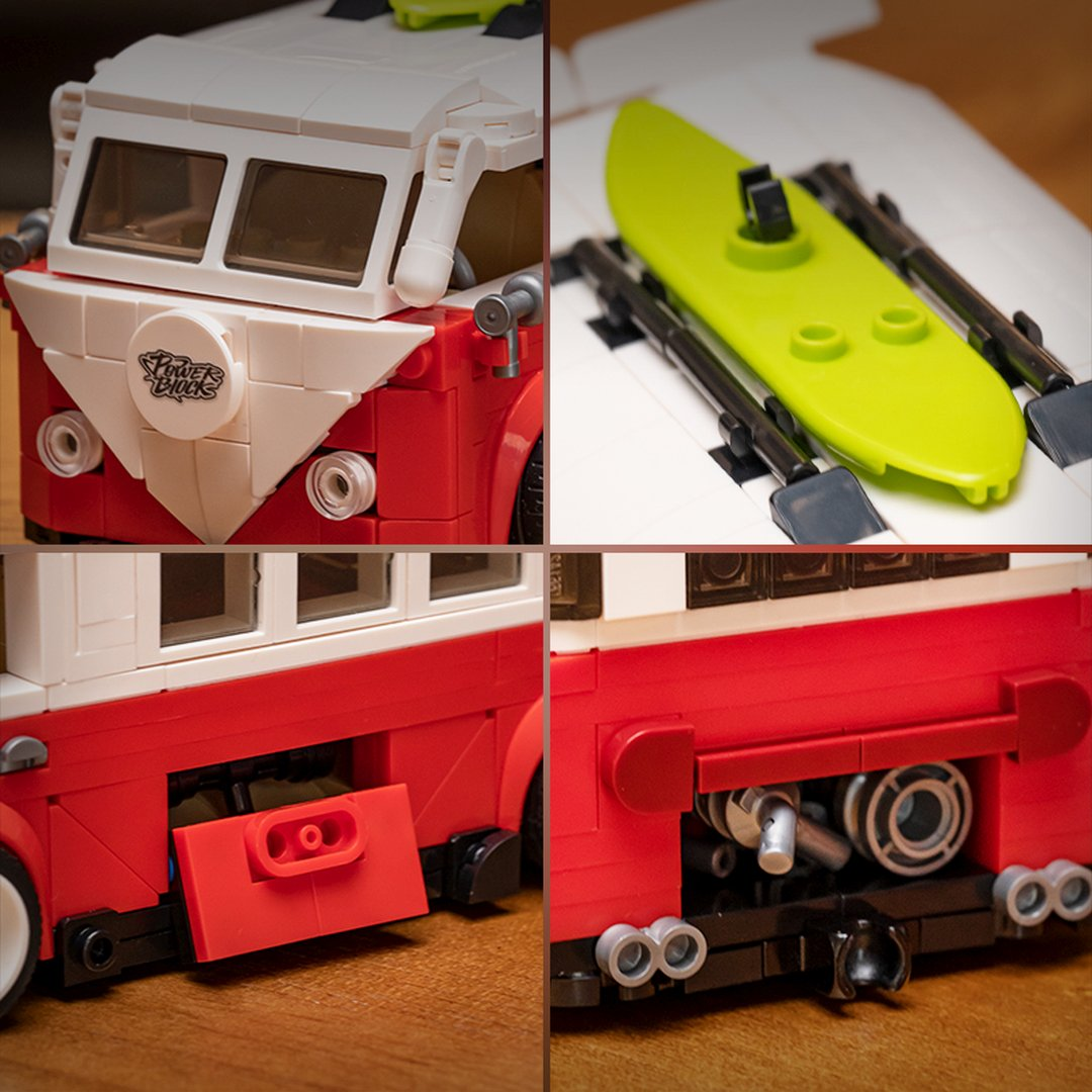 Czerwony bus Lego VW z deską surfingową i detalami.