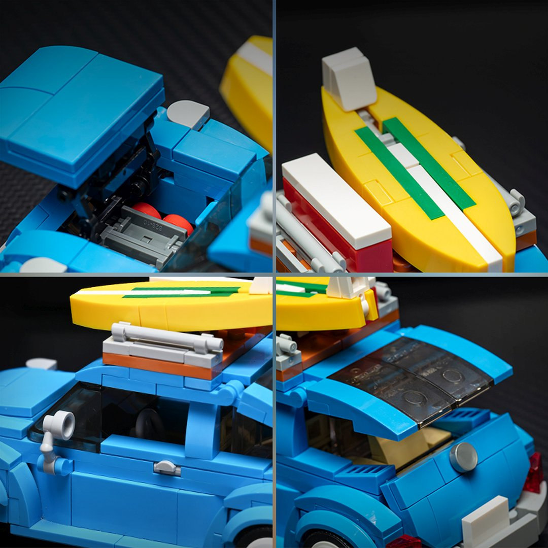 Niebieskie kombi Lego z deską surfingową na dachu i otwartym bagażnikiem.
