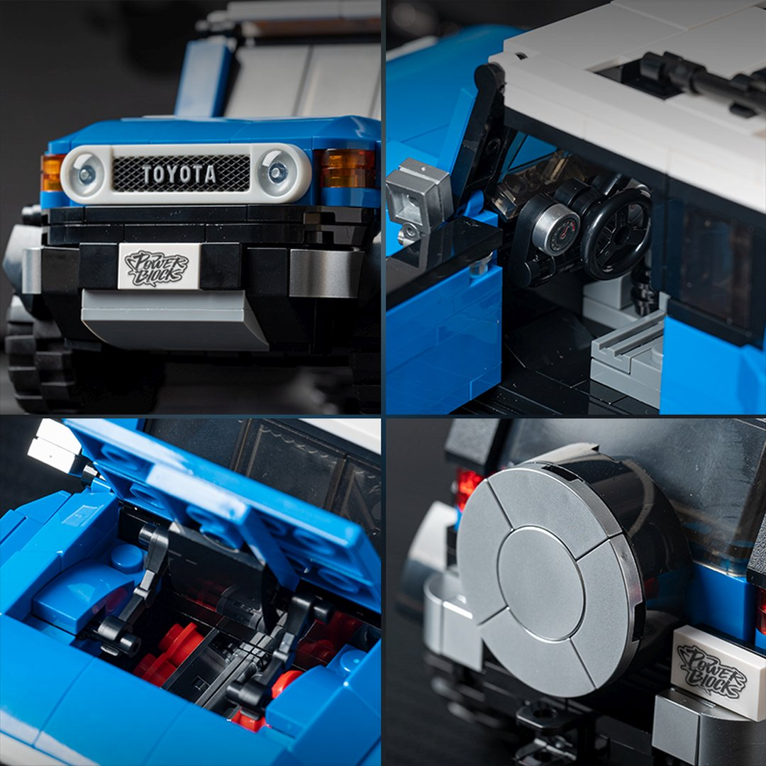 Niebieski SUV Lego z otwartym bagażnikiem, kierownicą i kołem zapasowym.
