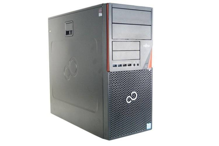 Ciemnoszara obudowa typu tower Fujitsu z pomarańczowymi akcentami i siatkowym panelem przednim.