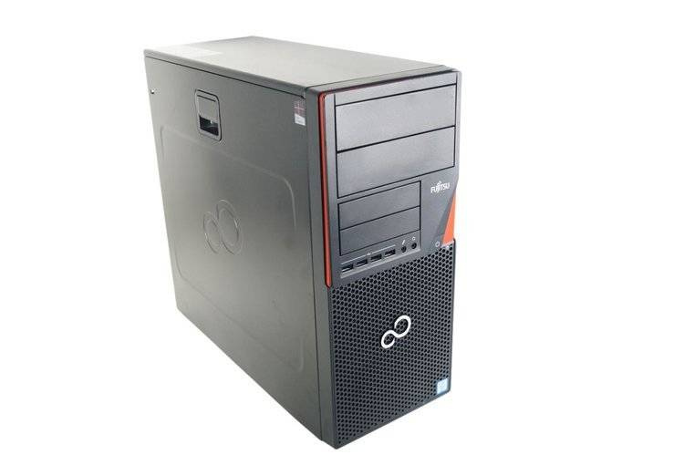Czarna obudowa komputerowa typu tower Fujitsu z czerwonymi akcentami.
