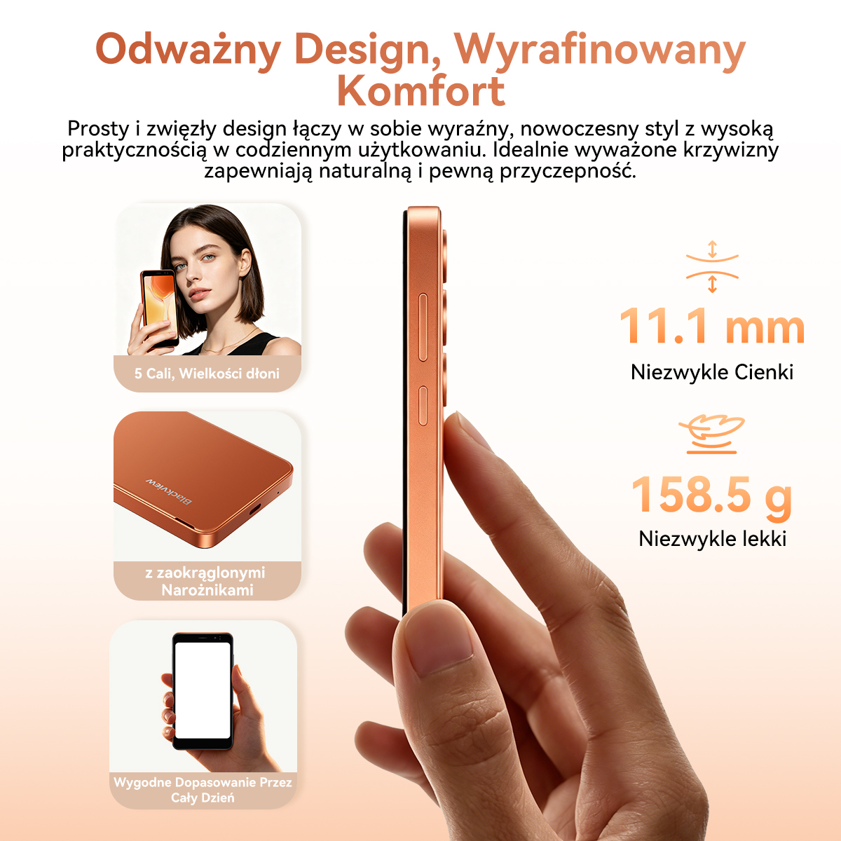 Pomarańczowy smartfon w dłoni, 11,1 mm grubości, 158,5 g wagi.