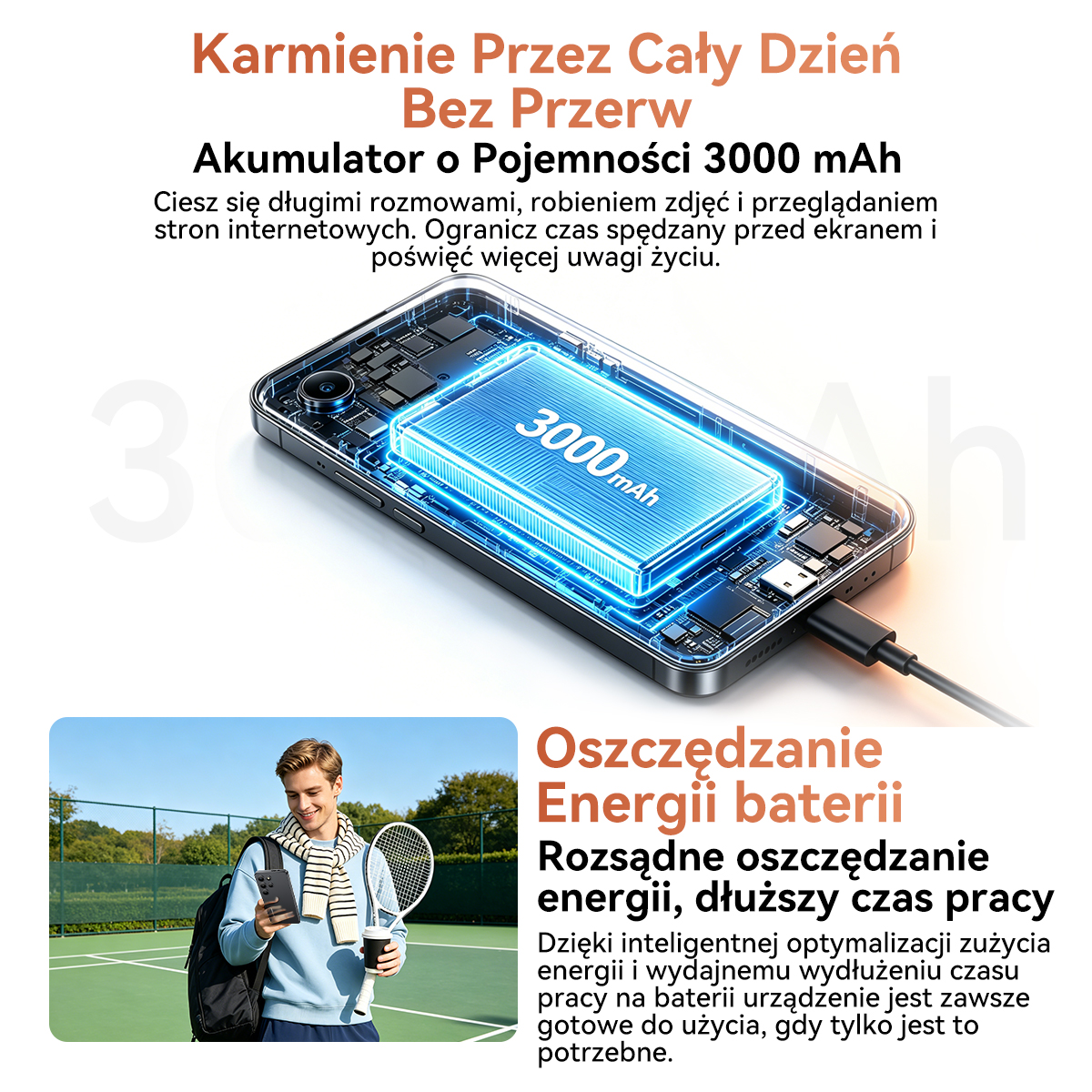 Smartfon z baterią 3000 mAh i mężczyzną na korcie tenisowym.