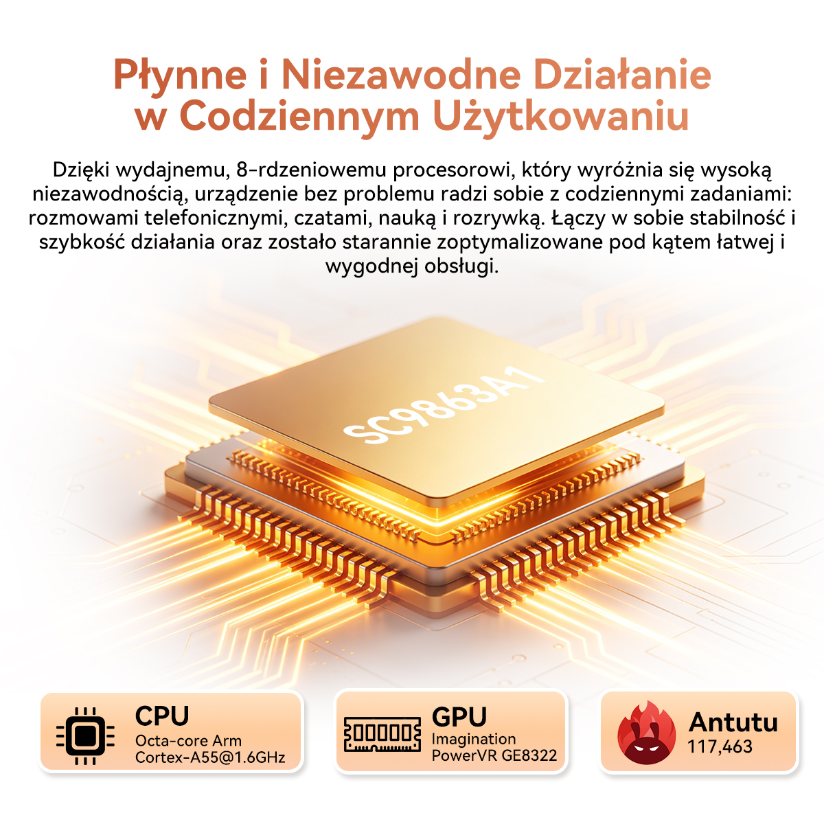Złoty procesor SC9863A1 z liniami obwodów. CPU, GPU, wartości Antutu poniżej.