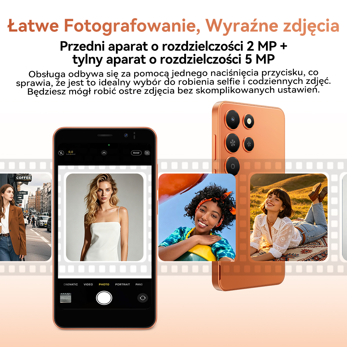 Pomarańczowy smartfon wyświetla zdjęcia: kobieta, uśmiechnięta kobieta i miasto.