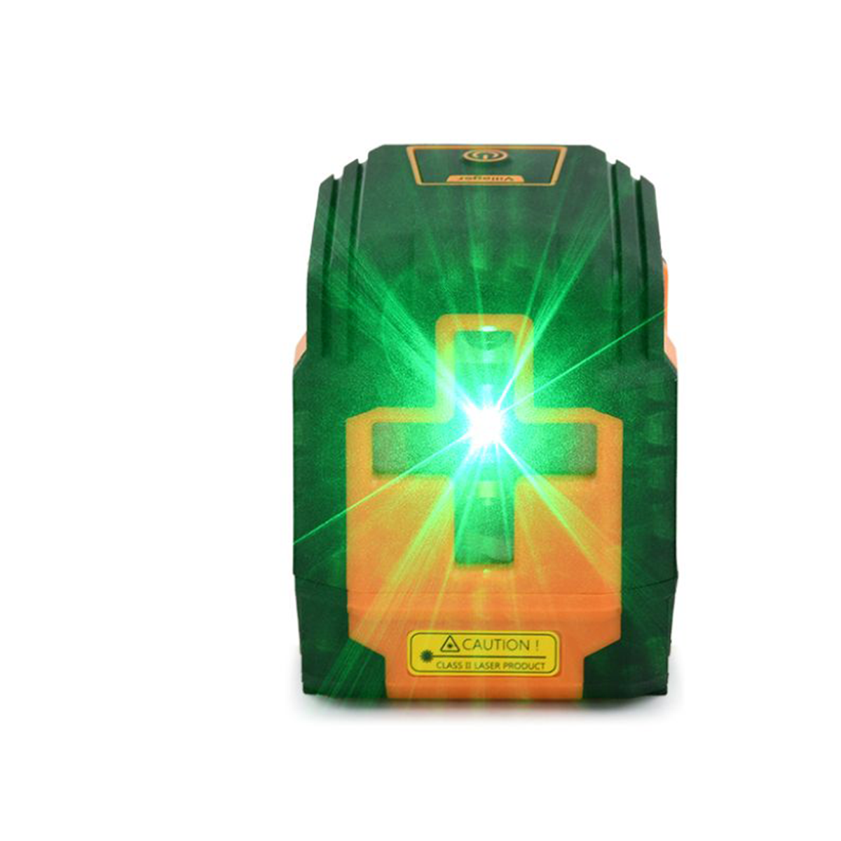 Zielono-pomarańczowe narzędzie laserowe emitujące jasne zielone linie laserowe tworzące krzyż.