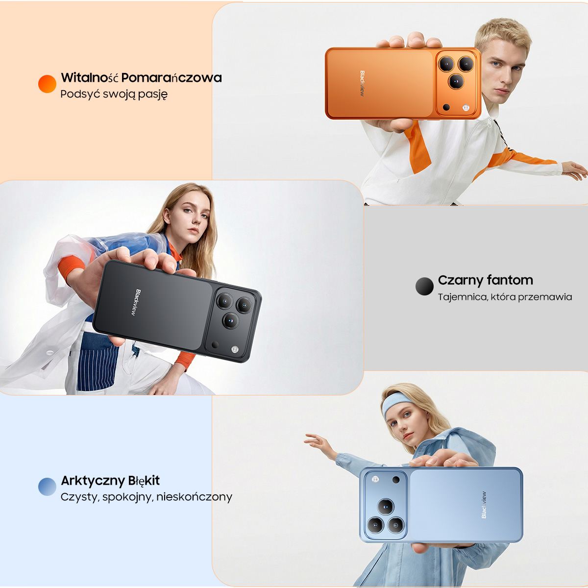 Osoby pokazują smartfony w kolorach pomarańczowym, czarnym i niebieskim.