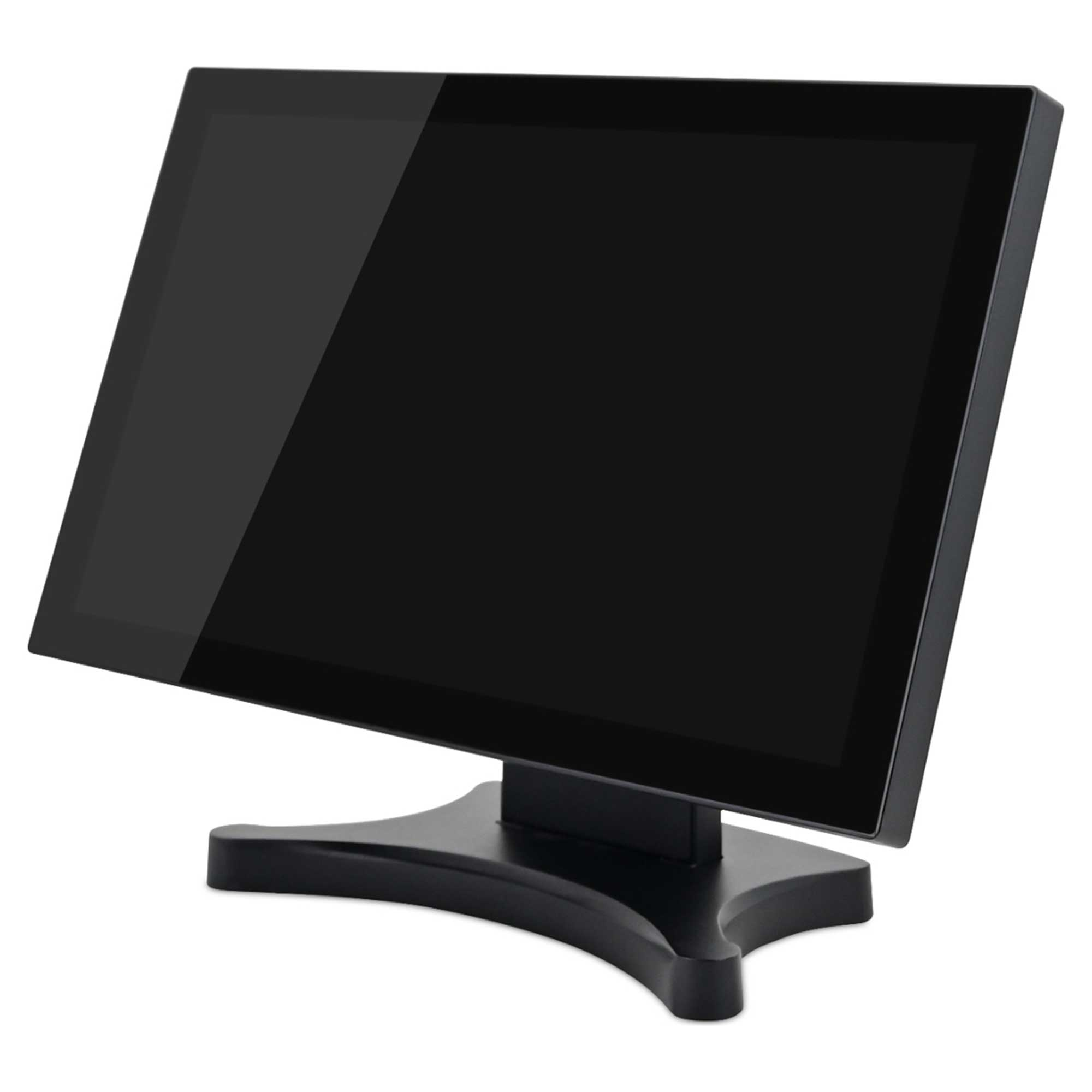 Beyaz zeminde izole edilmiş siyah bir monitör ve siyah stand.