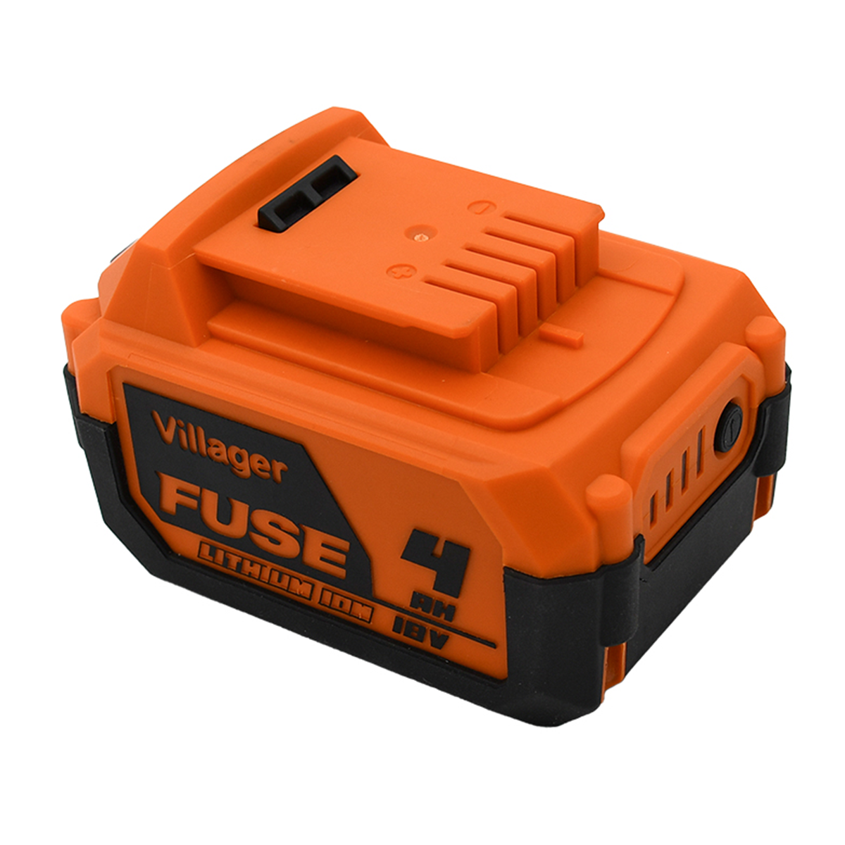 Pomarańczowa bateria do elektronarzędzi z czarnymi akcentami, z napisem "Villager FUSE 4 AH 18V".