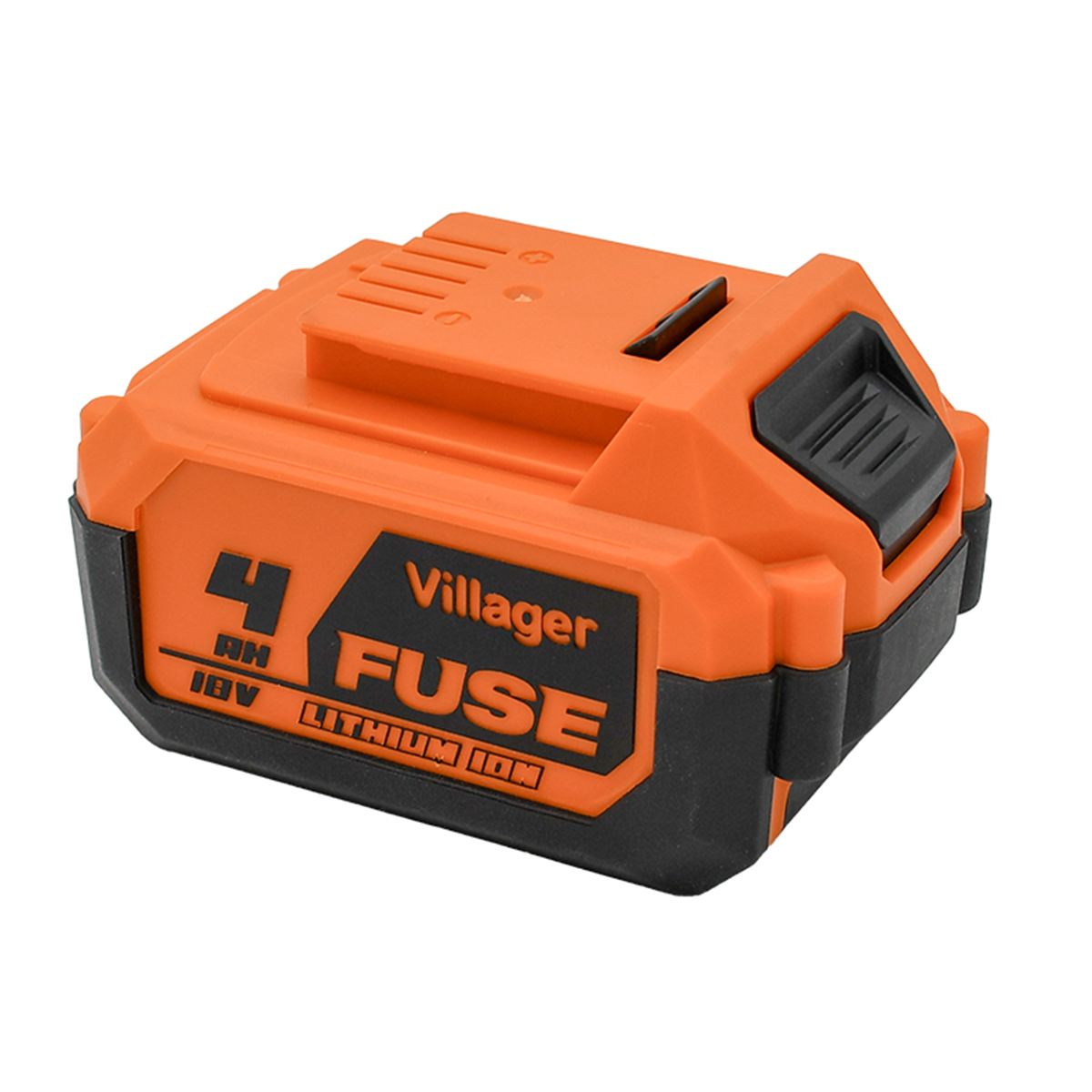 Pomarańczowa bateria z czarną obudową, z napisem 'Villager FUSE 4 Ah 18V Lithium Ion'.