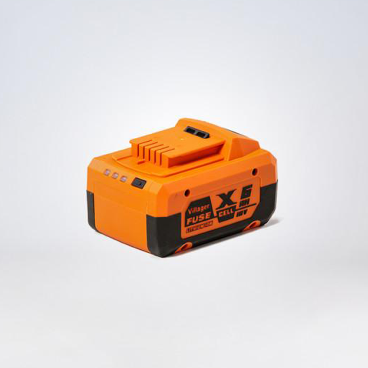 Pomarańczowo-czarny akumulator z napisem Villager FUSE CELL 18V.