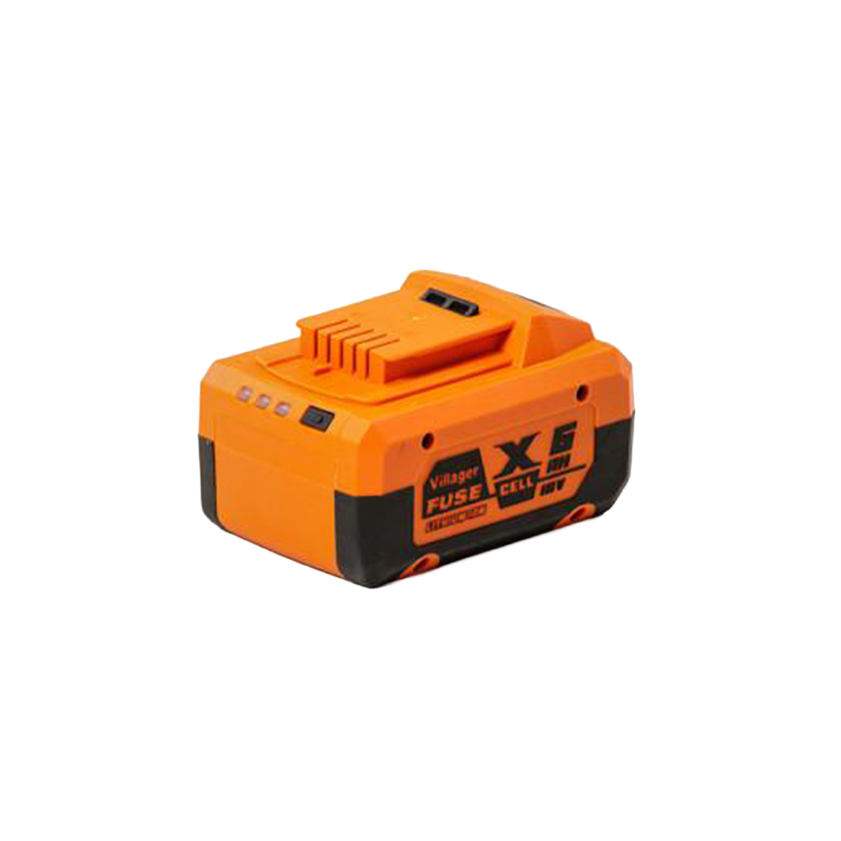 Pomarańczowo-czarny akumulator z napisem Villager FUSE CELL 18V.