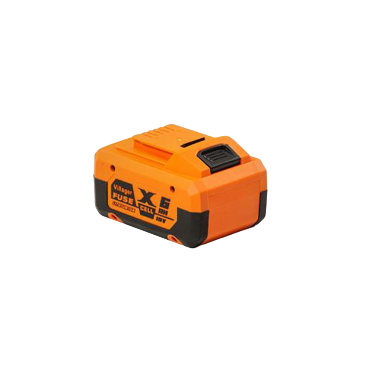 Pomarańczowo-czarny akumulator z napisami 'Villager FUSE CELL X6 18V'.