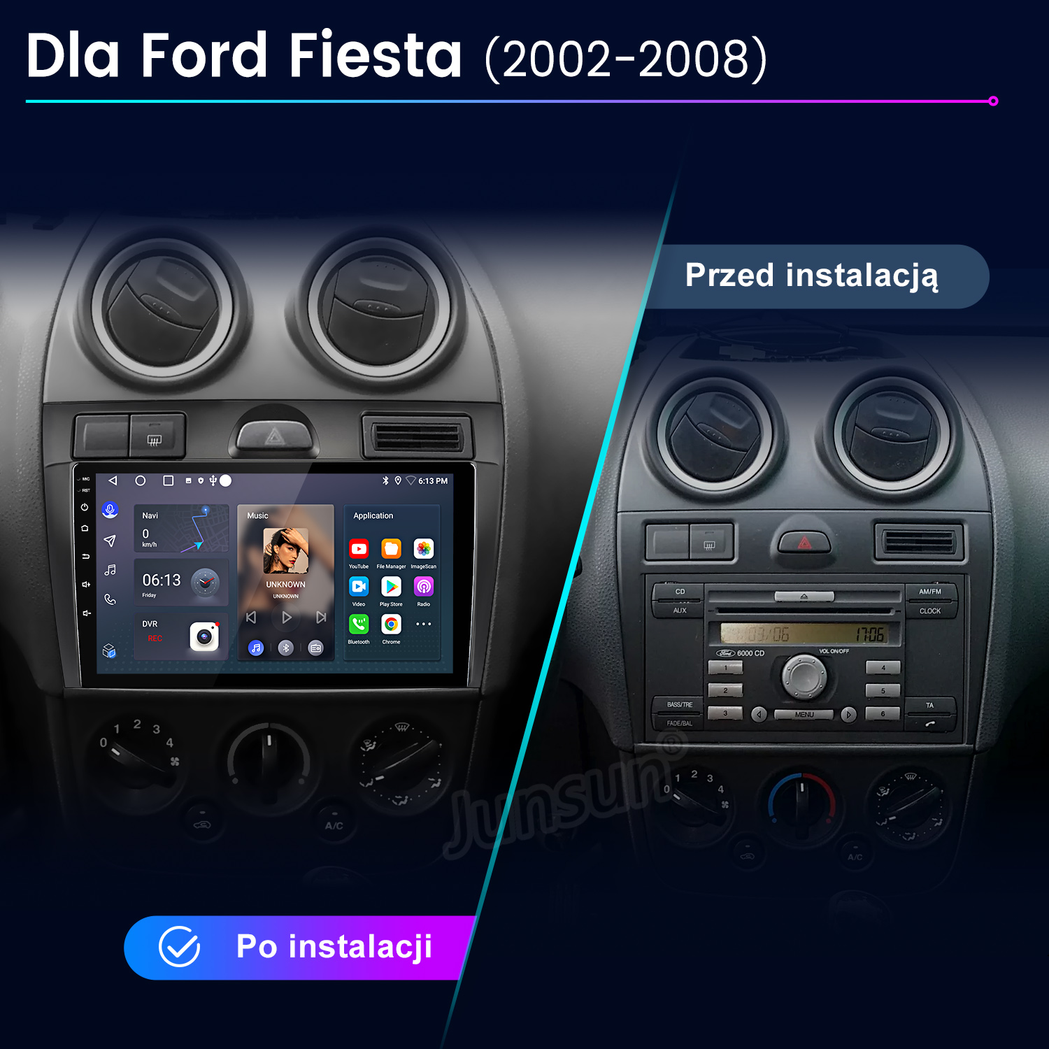 Porównanie dwóch desek rozdzielczych Ford Fiesta: przed i po instalacji nowego systemu infotainment.