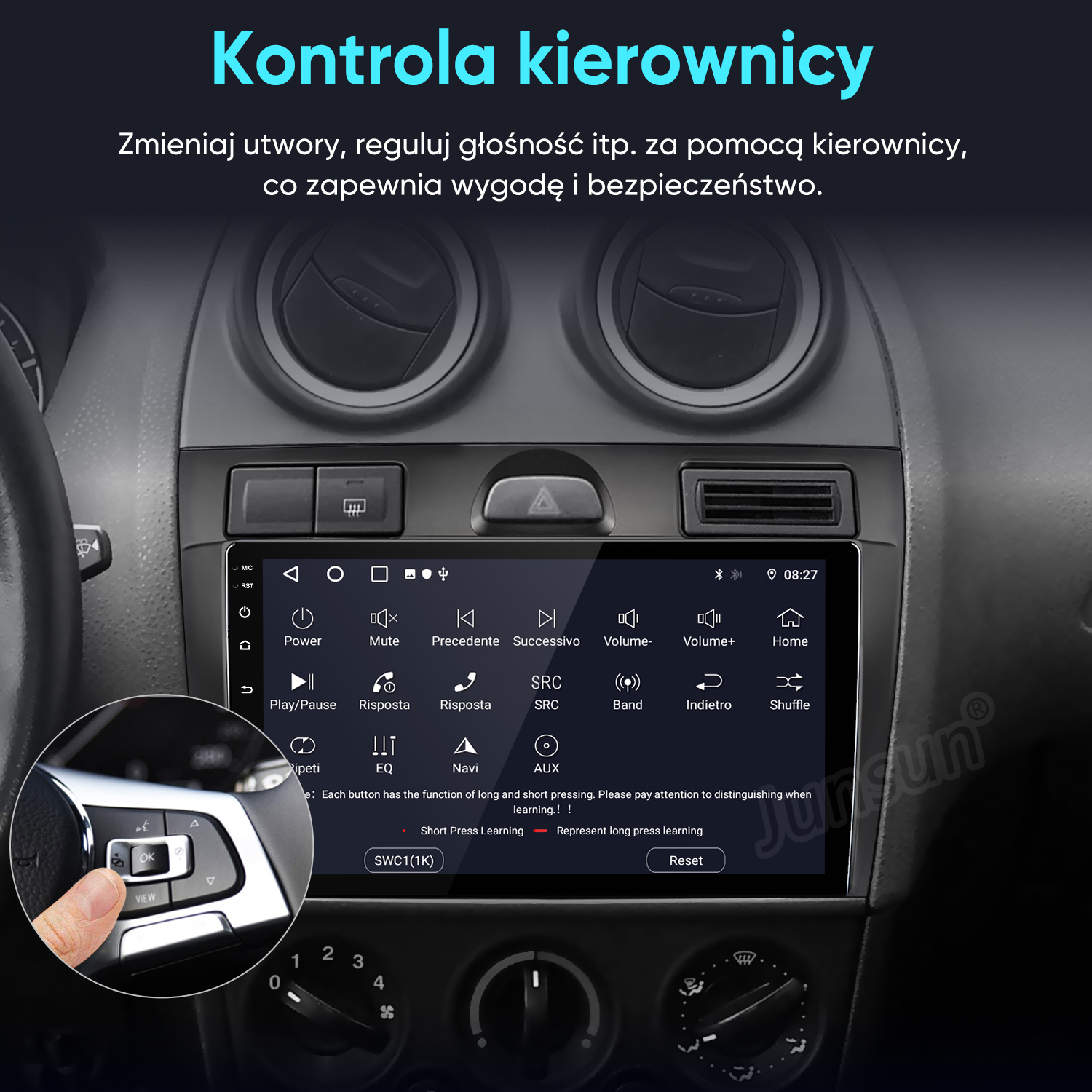 Wnętrze samochodu z ekranem dotykowym i sterowaniem na kierownicy.