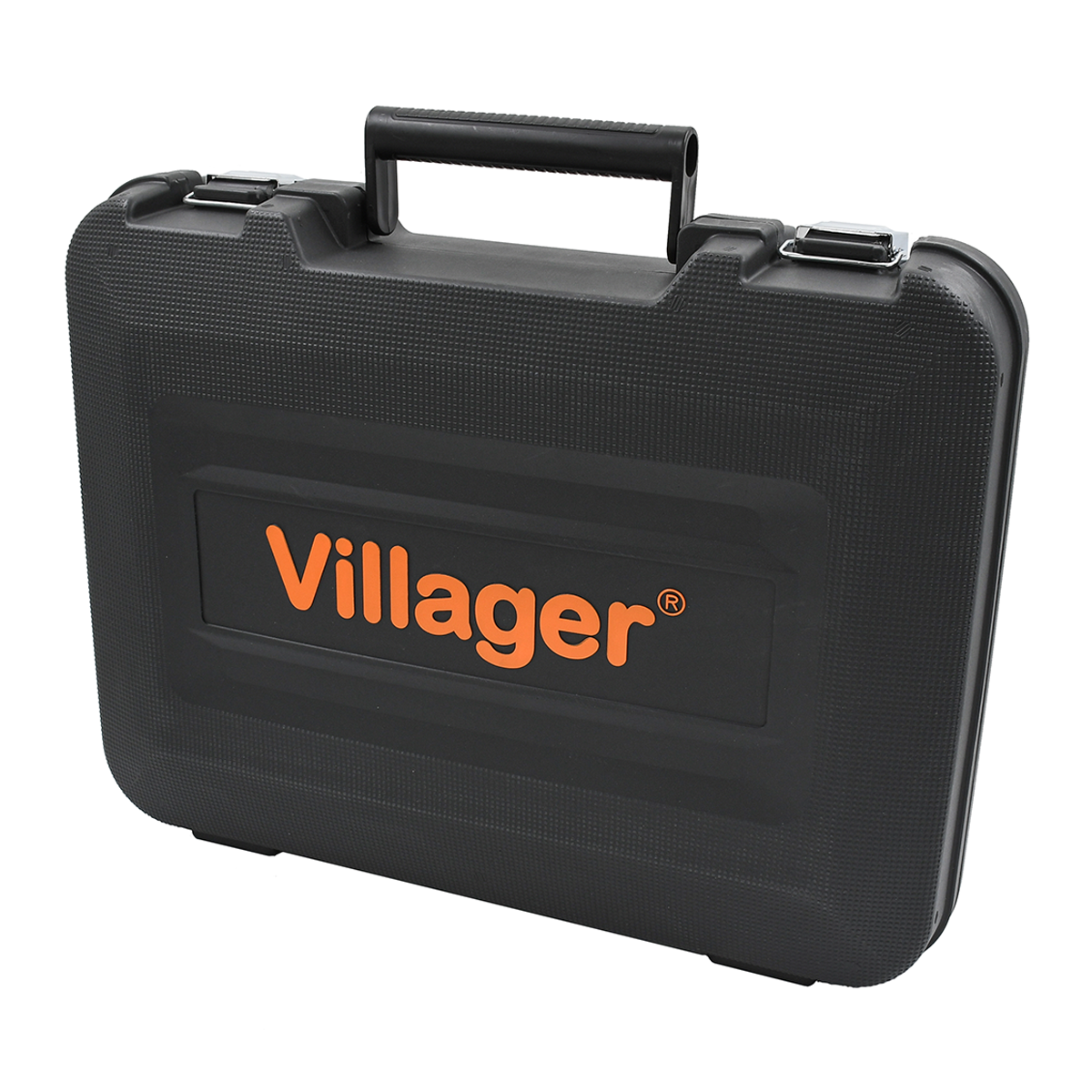 Czarna skrzynka narzędziowa z pomarańczowym logo 'Villager' i uchwytem.