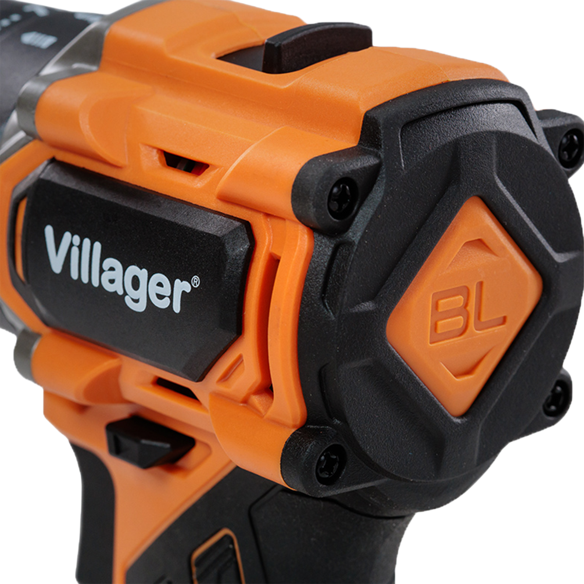Zbliżenie pomarańczowo-czarnego narzędzia elektrycznego z logo 'Villager'.