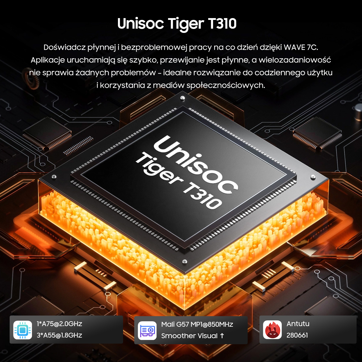 Świecący pomarańczowy chip Unisoc Tiger T310 na płycie obwodu.