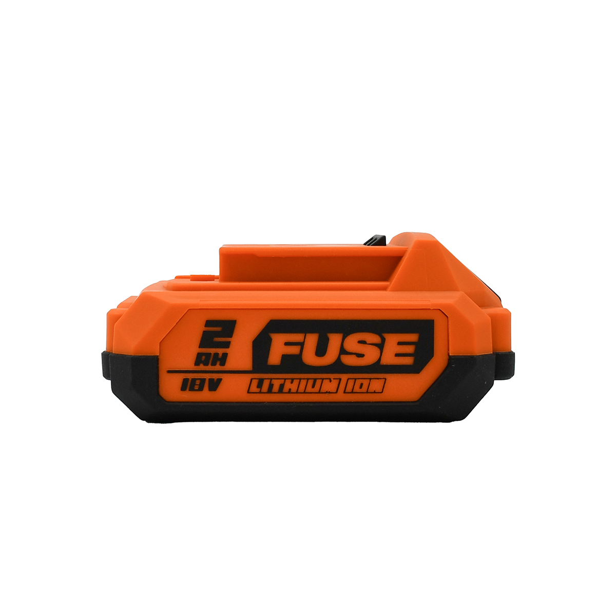 Pomarańczowa bateria z czarną podstawą, z napisem "2 Ah FUSE 18V LITHIUM ION".